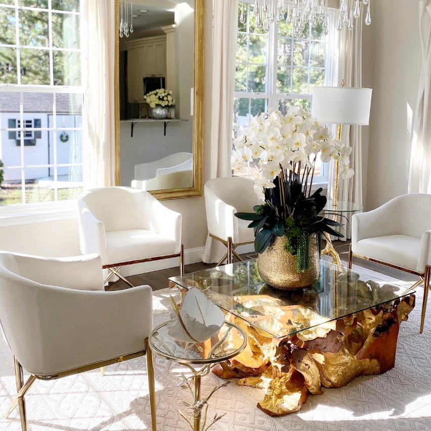 Delaney Gold Pot with Multiple Stems of Phalaenopsis Orchids and Succulents