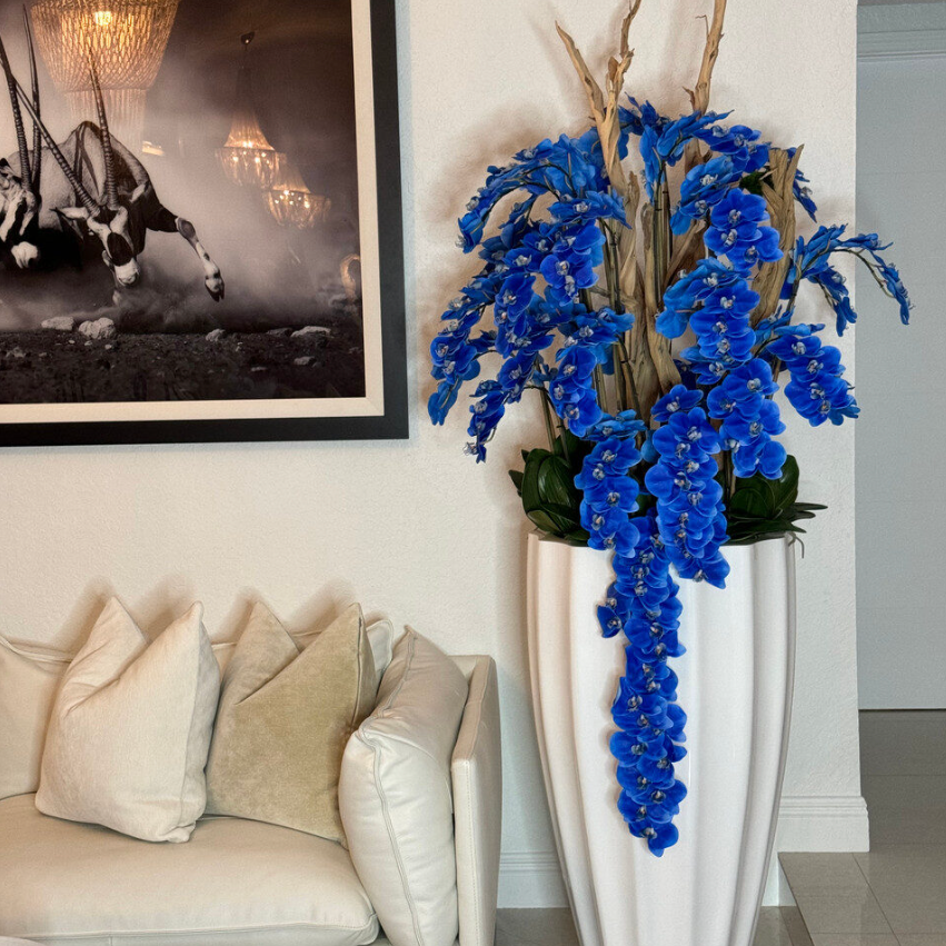 San Jose Planter in White with Cascading Blue Orchids