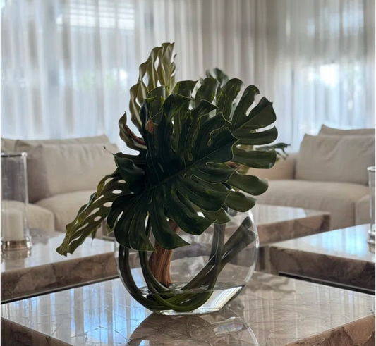 Moon Vase with Monstera Leaf and Driftwood