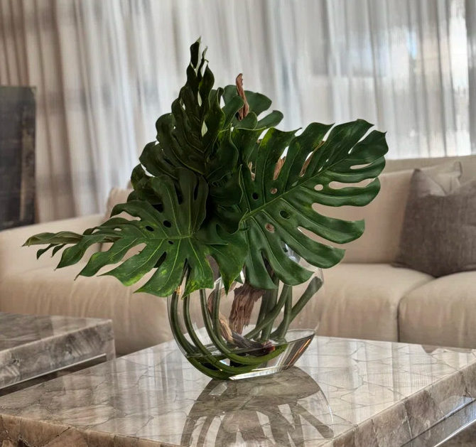 Moon Vase with Monstera Leaf and Driftwood