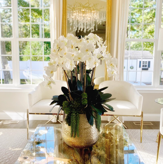 Delaney Gold Pot with Multiple Stems of Phalaenopsis Orchids and Succulents