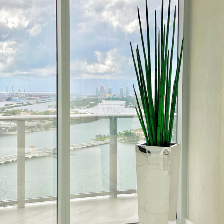 Stainless steel cube-shaped vase with snake grass.