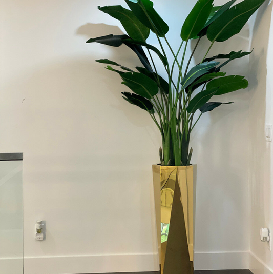 Golden prism vase with a 2.1 m bird of paradise.