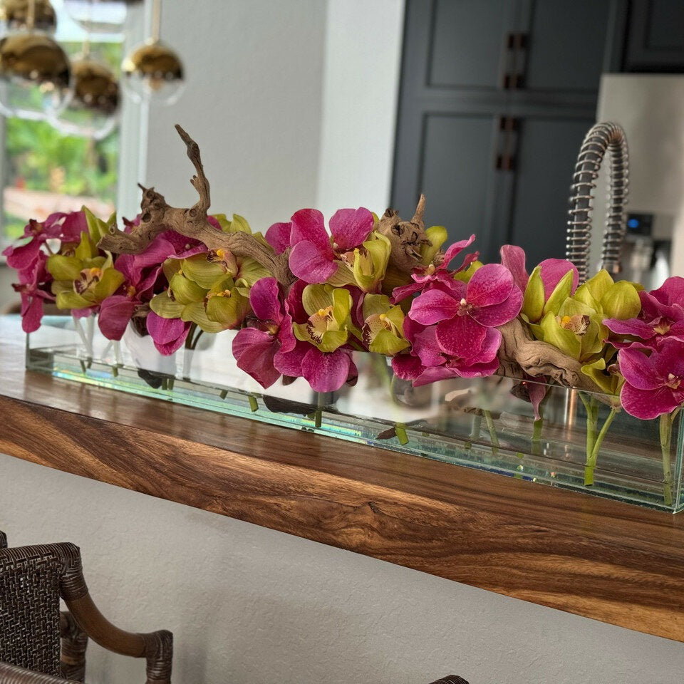 Casa Moderna Glass Planter With Pink Vandas And Green Cymbidiums