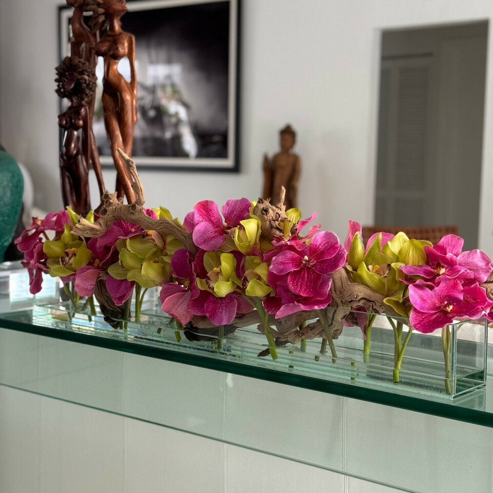Casa Moderna Glass Planter With Pink Vandas And Green Cymbidiums