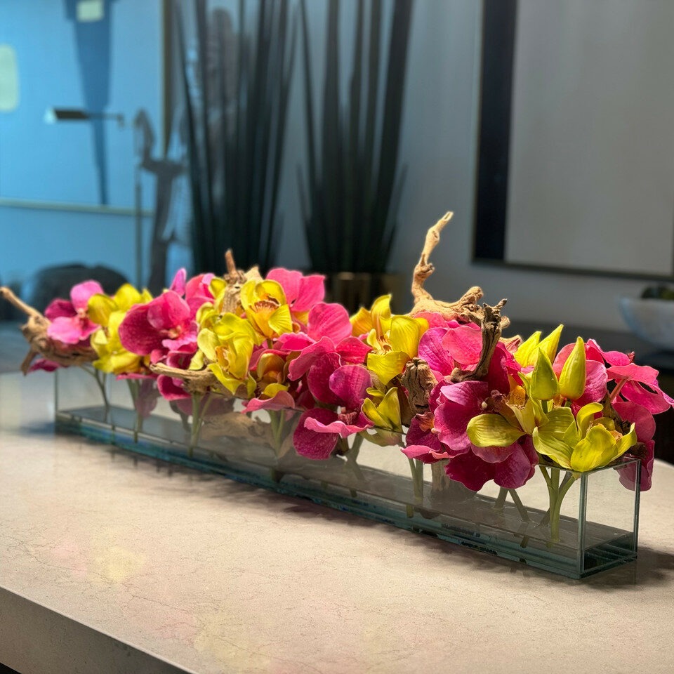 Casa Moderna Glass Planter With Pink Vandas And Green Cymbidiums