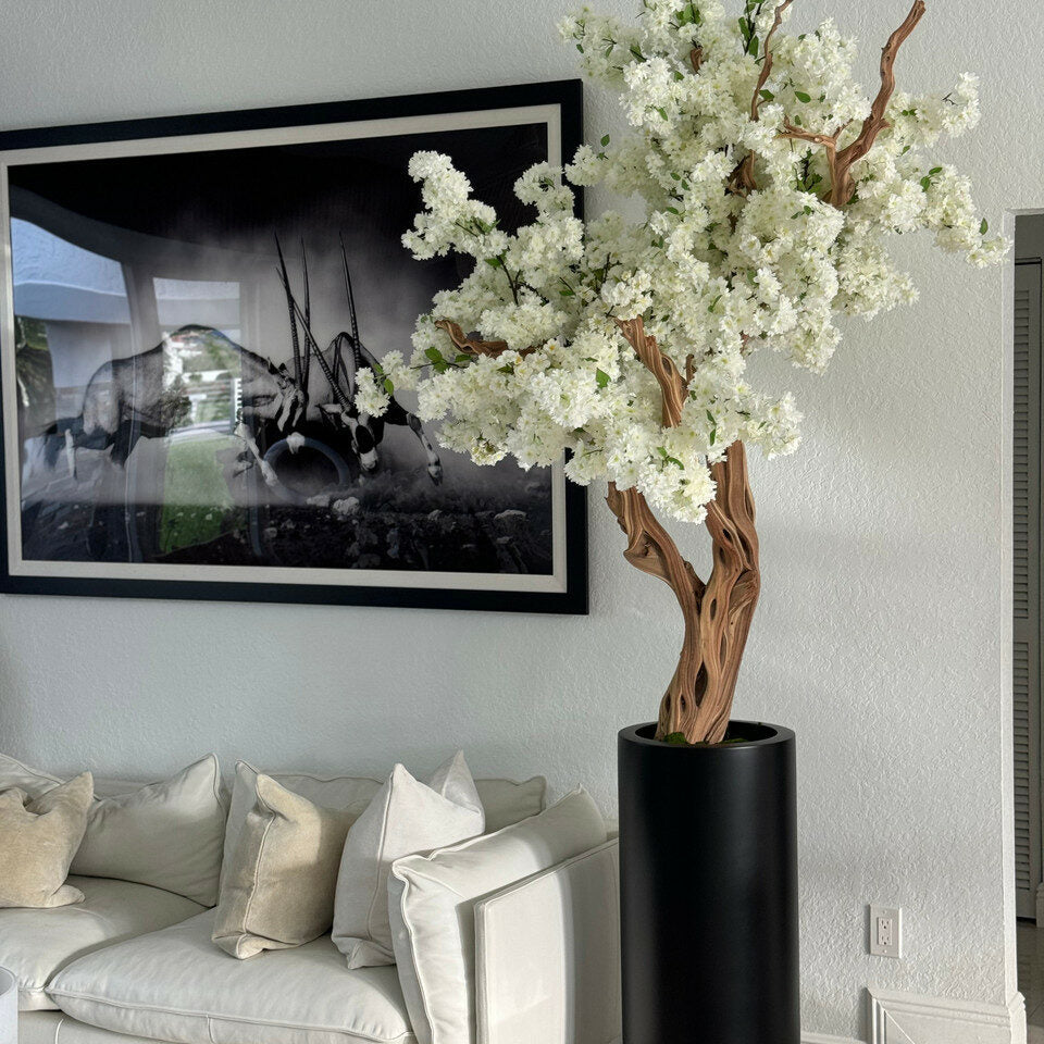 Matte Black St. Tropez Planter with Custom Made White Cherry Blossom Tree