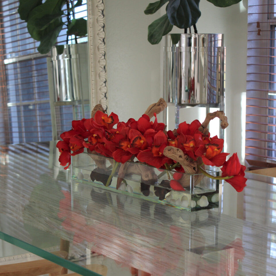 24″ Casa Moderna glass plate planter with red Cymbidiums