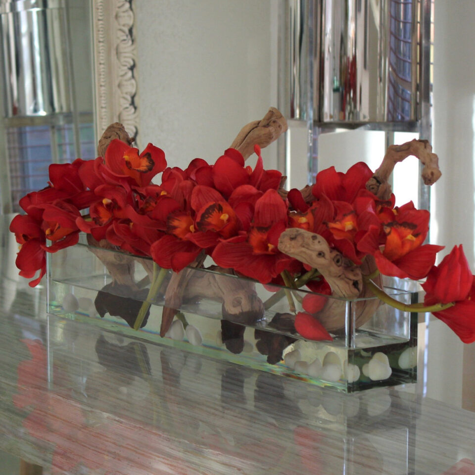 24″ Casa Moderna glass plate planter with red Cymbidiums