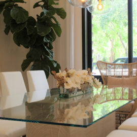 24″ Casa Moderna Glass Plate Planter with white orchids