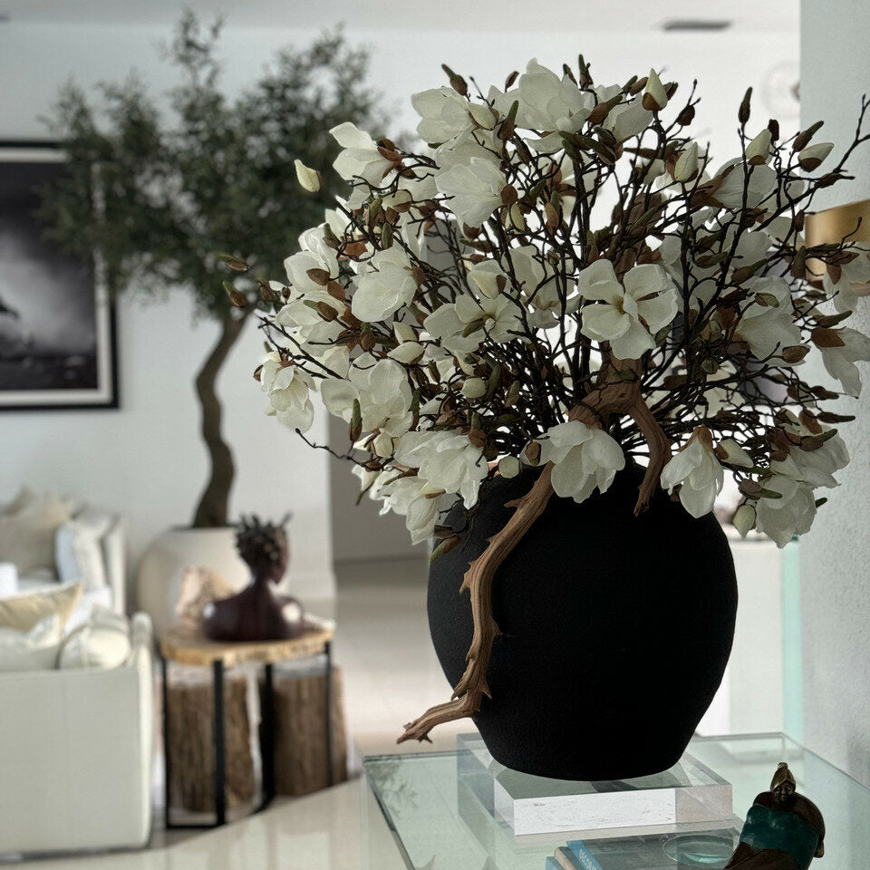 Black Konos Vase with White Magnolias