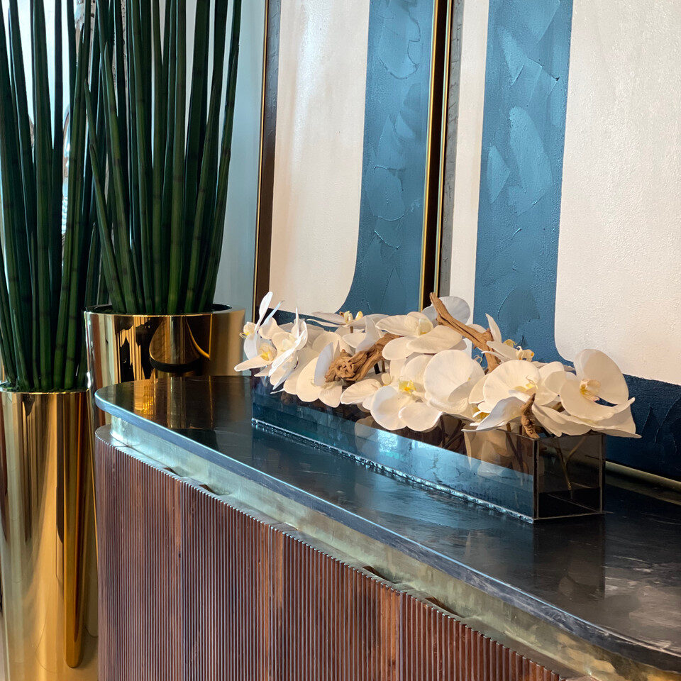 48″ Casa Moderna Black Tinted Glass Plate Planter with white Phalaenopsis orchids