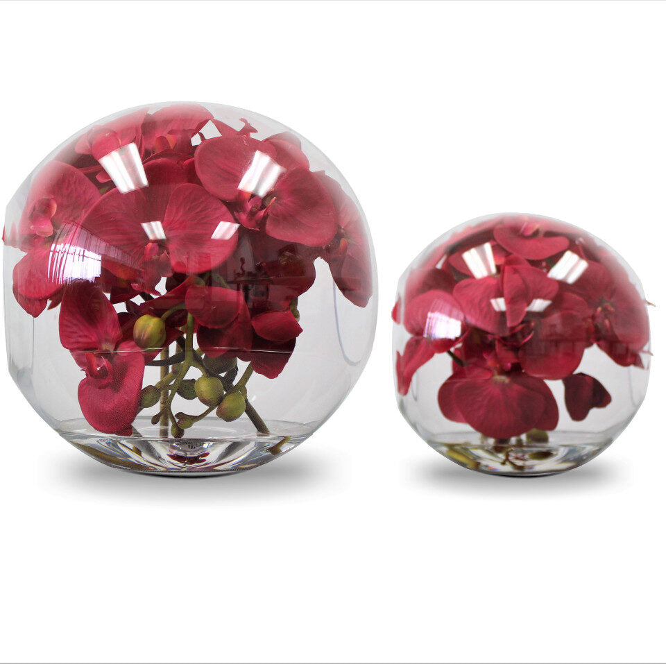 10″ Crosswinds vase with red orchids