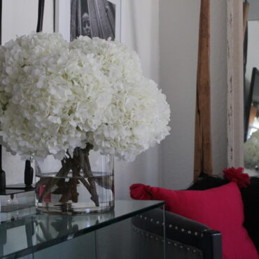 White Hydrangea Bouquet in clear glass cylinder vase